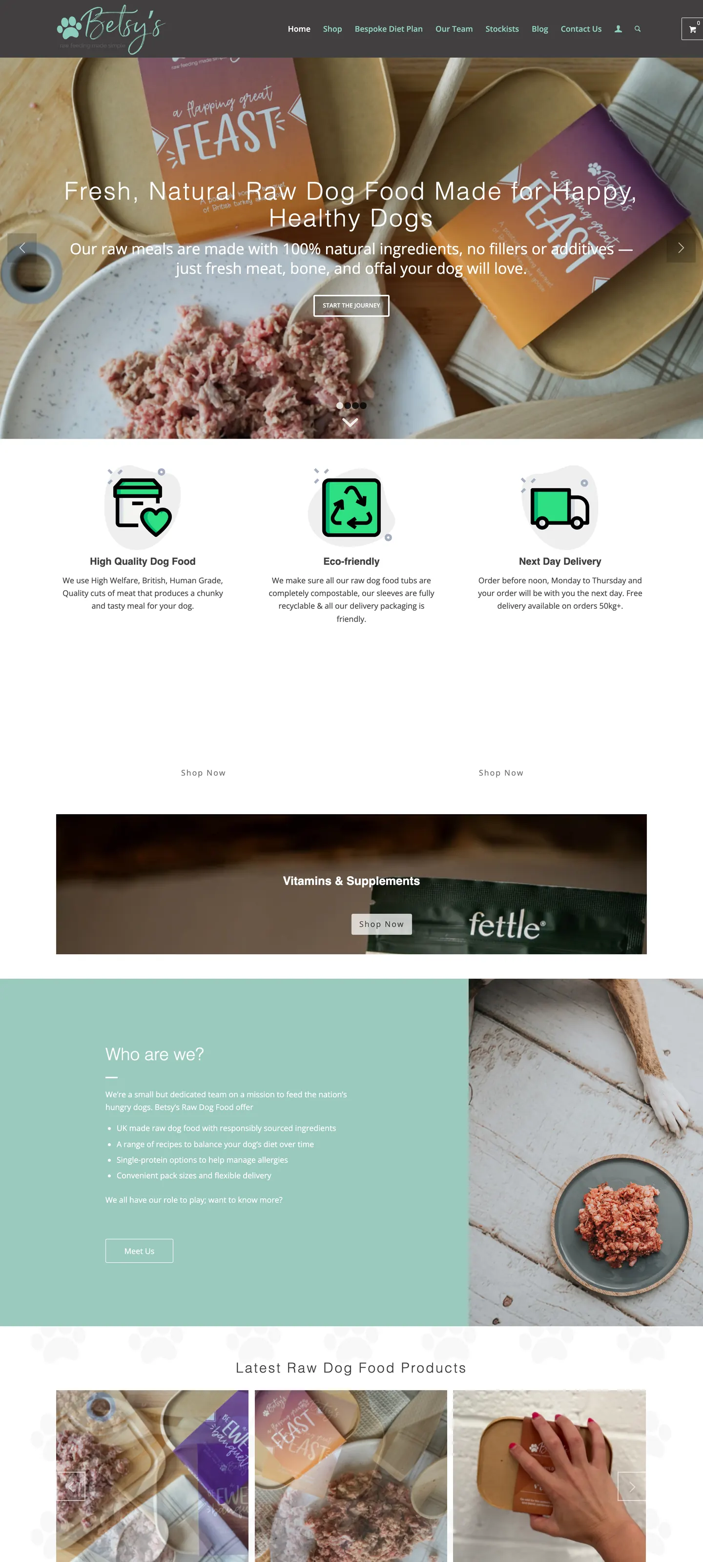 The full Betsy's Raw Food shop homepage, top to bottom