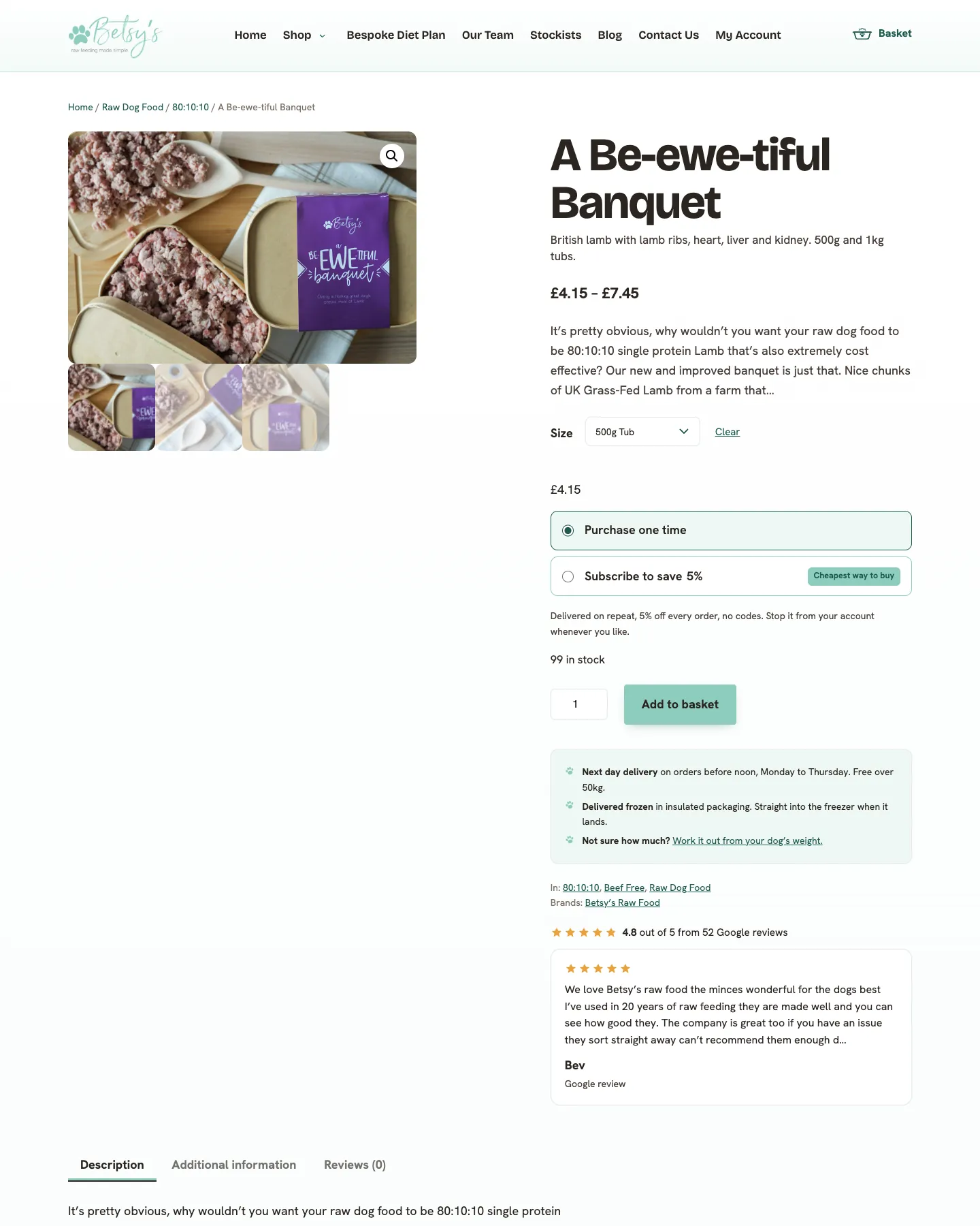 A Betsy's Raw Food product page, with the choice of a one-off order or Subscribe and save