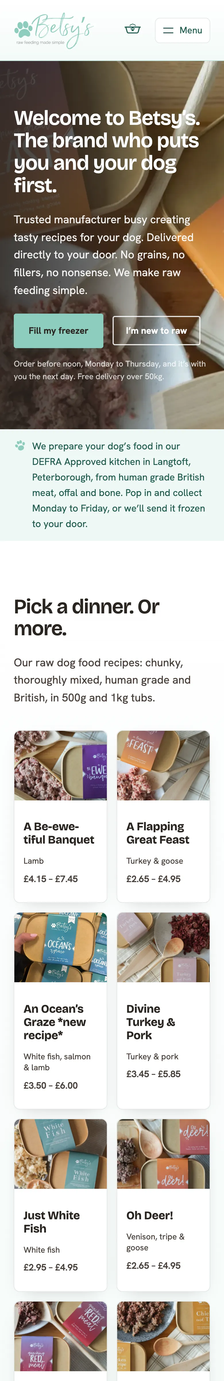 The Betsy's Raw Food shop on a phone, top to bottom