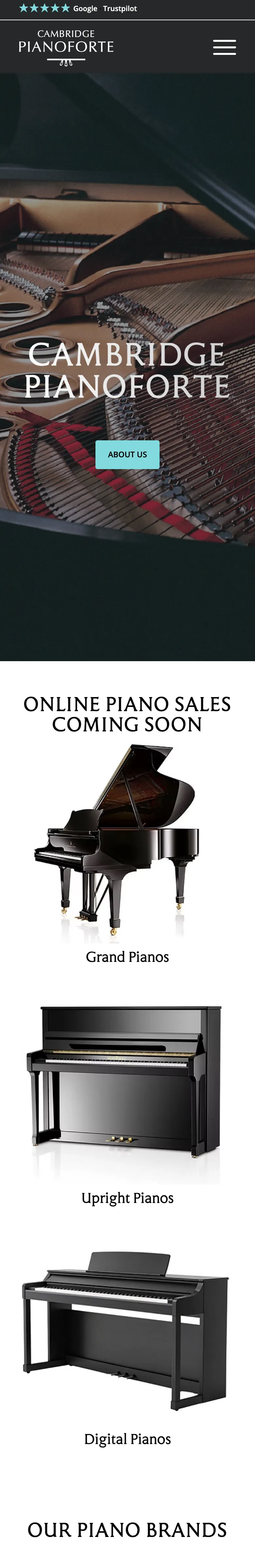 The Cambridge Pianoforte homepage on a phone, top to bottom