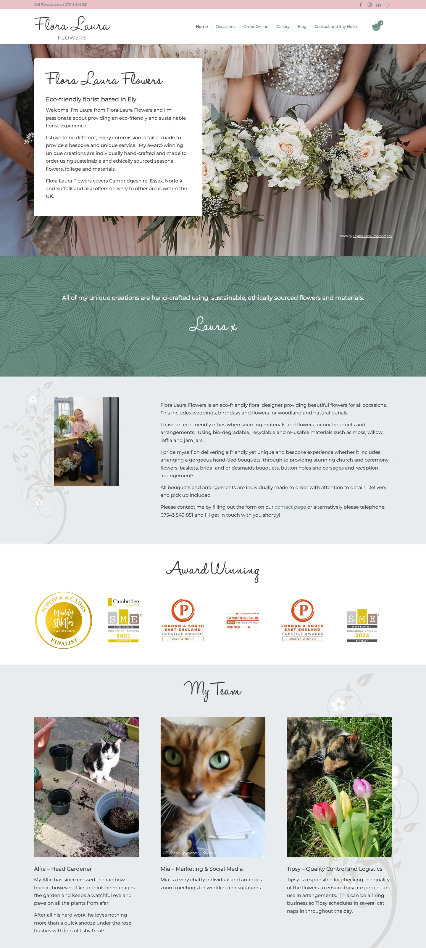 The full Flora Laura Flowers homepage, top to bottom, website by Lord Knows
