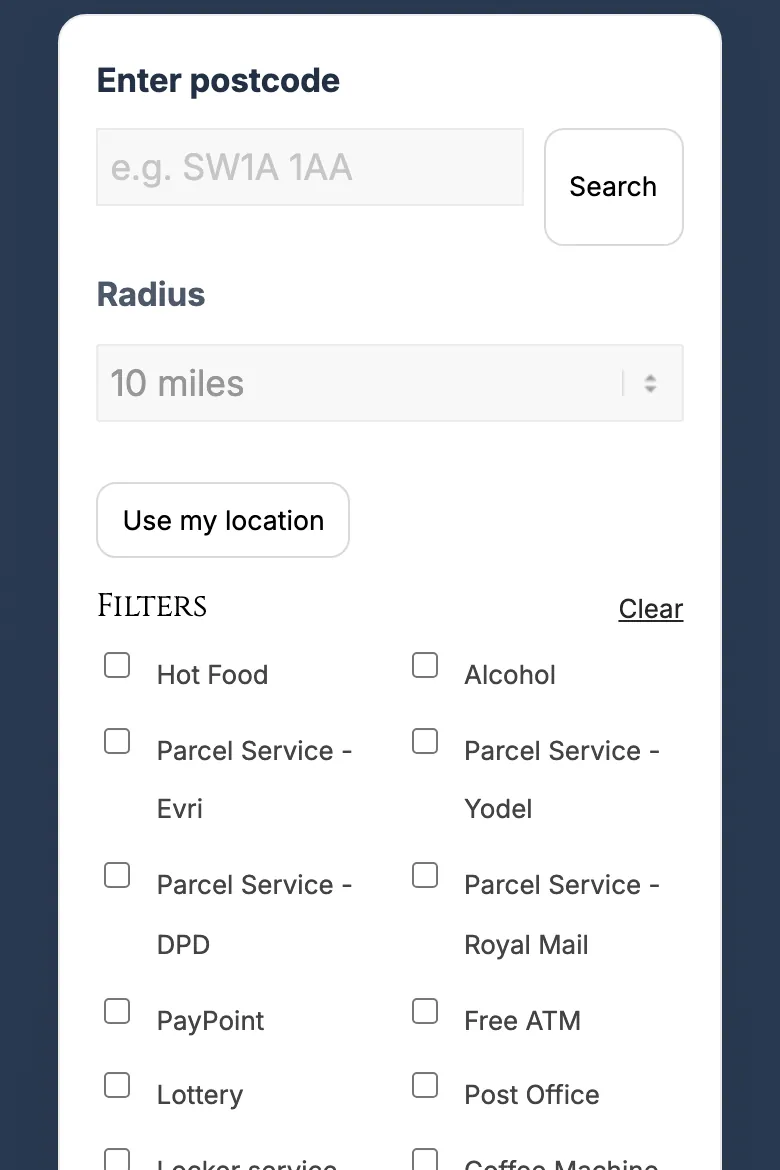Postcode search and filters on the James Retail store finder