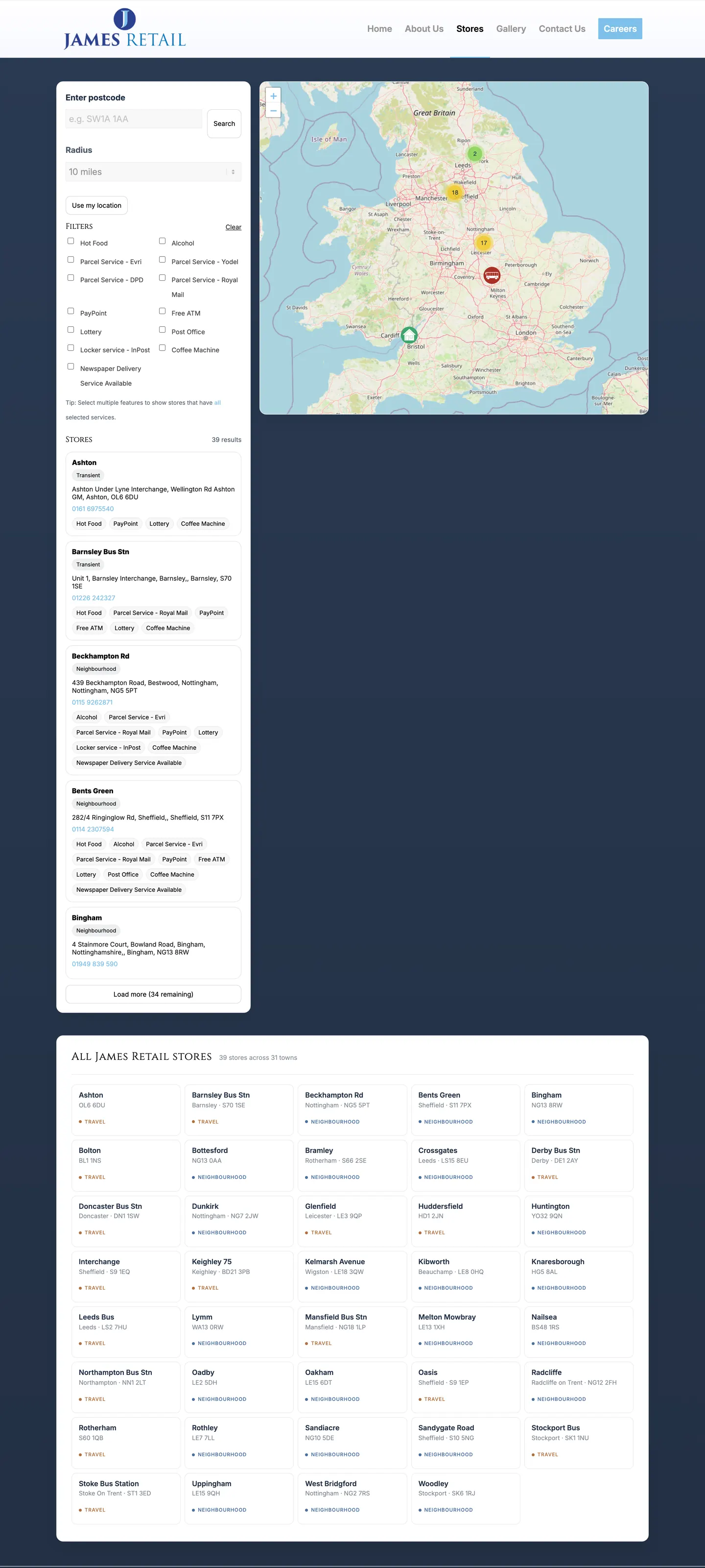 The full James Retail store finder page, top to bottom