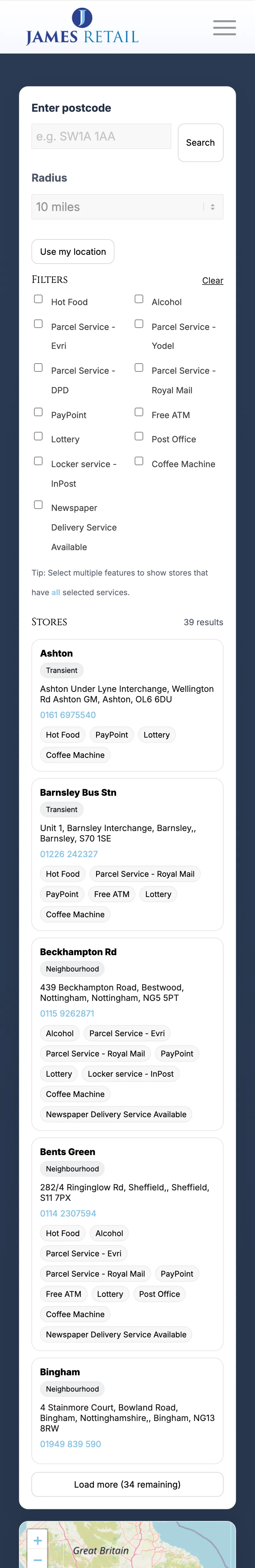The James Retail store finder on a phone