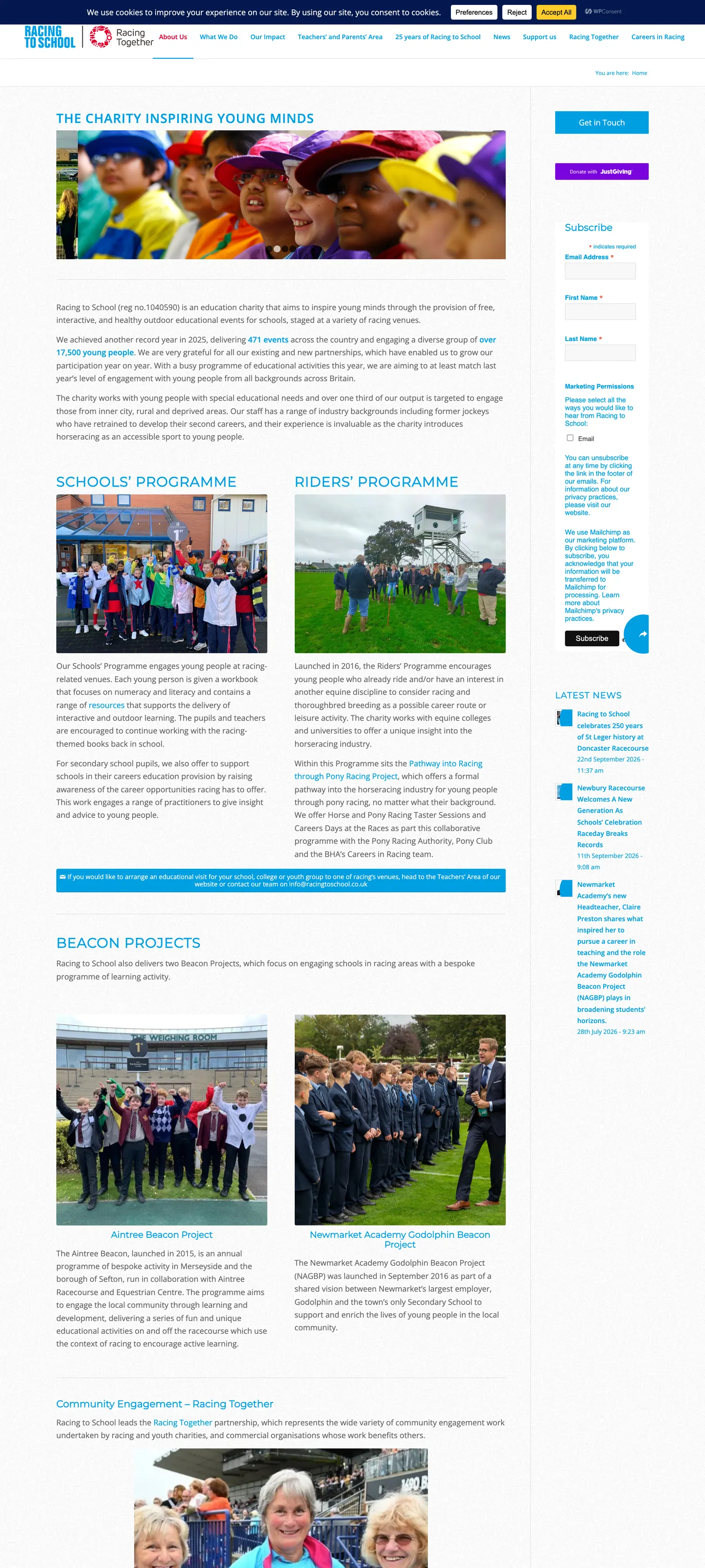 The full Racing to School homepage, top to bottom, website by Lord Knows