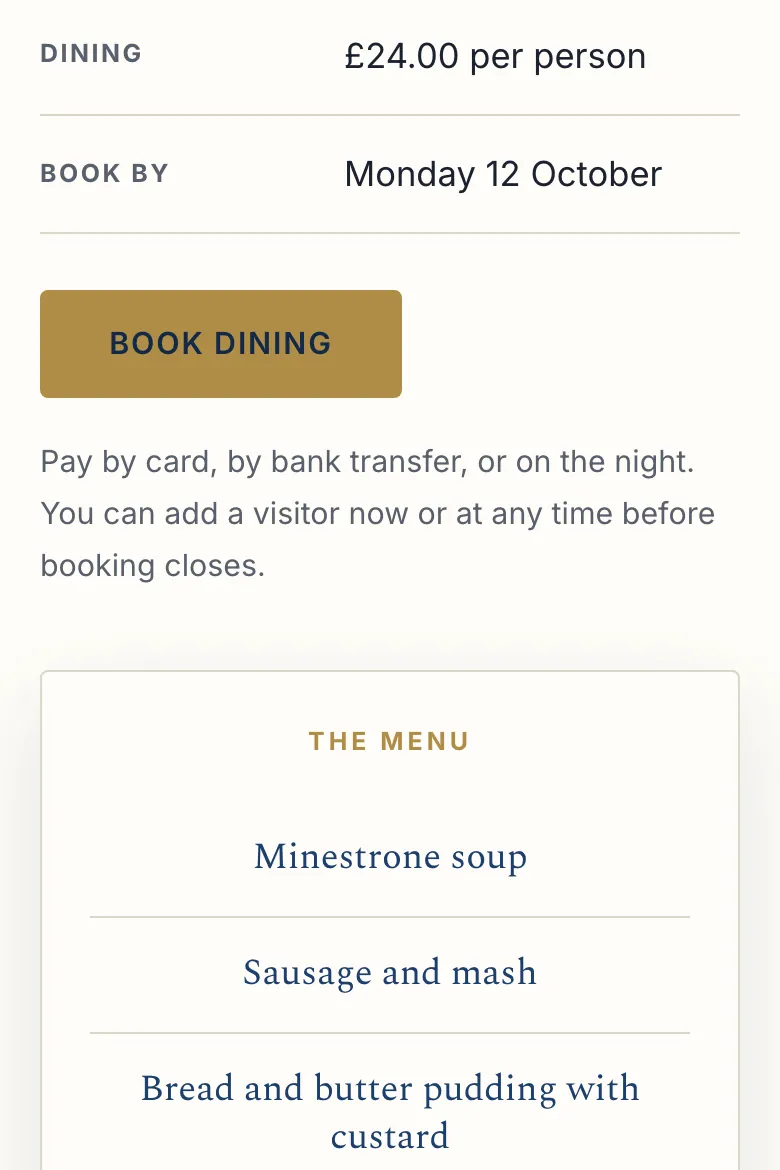 Booking dining on the St Audrey Lodge site: the price, the closing date and the three ways to pay