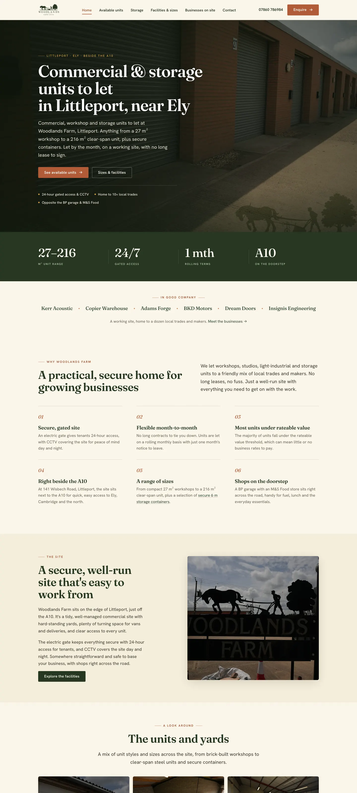 The full Woodlands Farm Units homepage, top to bottom, website by Lord Knows
