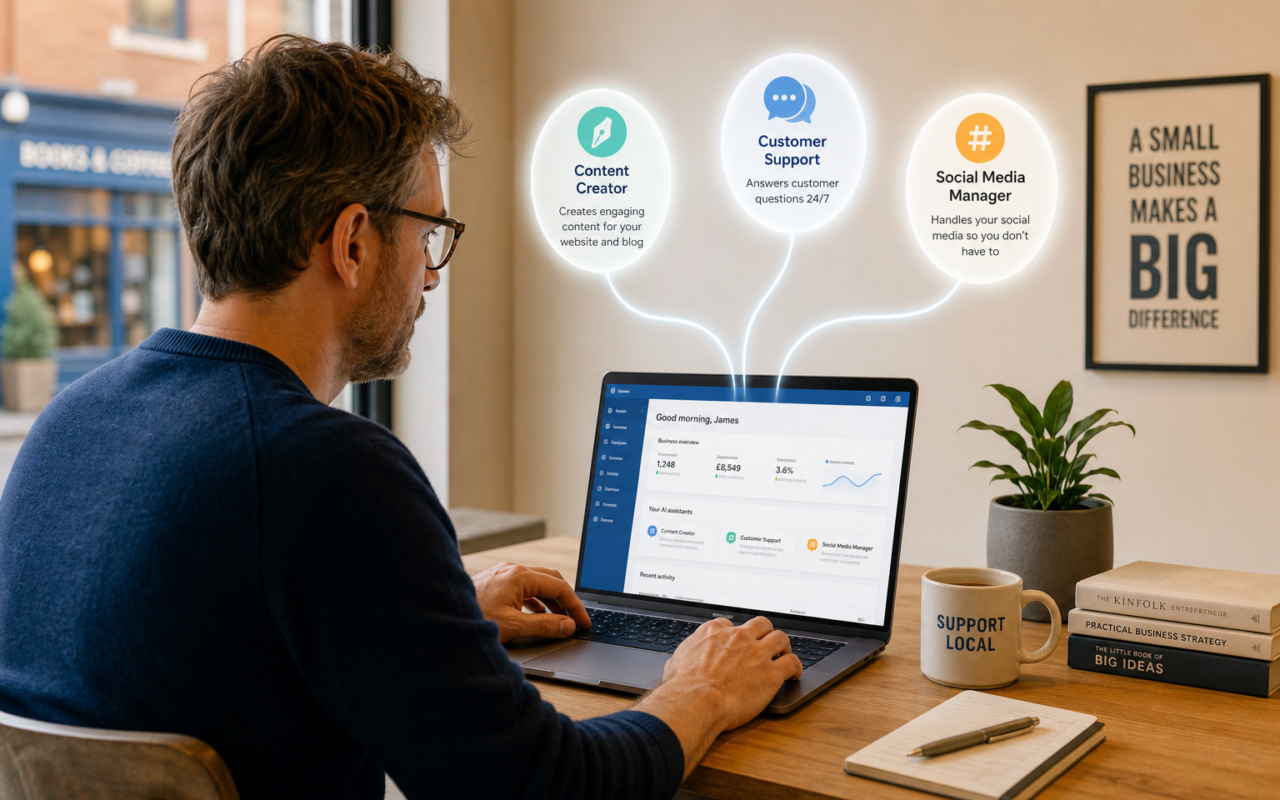 Man using a laptop displaying an AI dashboard with three assistants: Content Creator, Customer Support, and Social Media Manager
