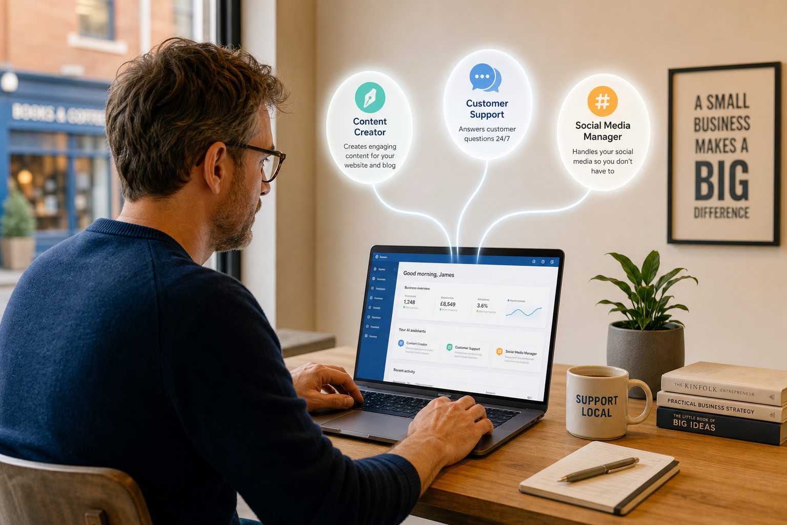 Man using a laptop displaying an AI dashboard with three assistants: Content Creator, Customer Support, and Social Media Manager