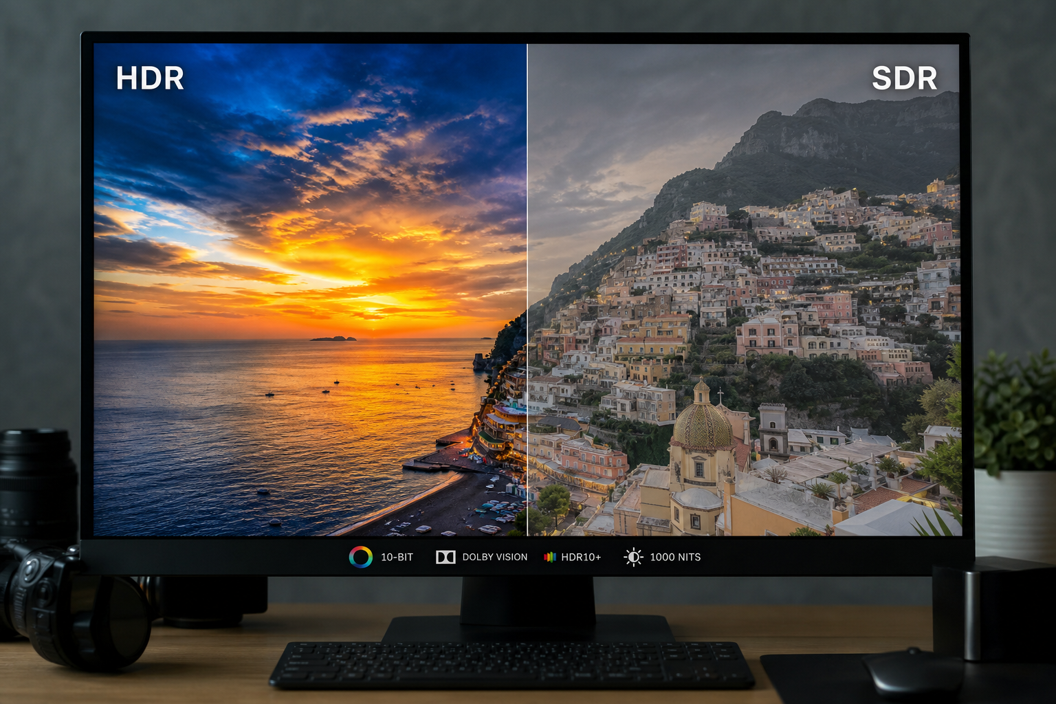 Side-by-side comparison on a monitor showing HDR (vibrant sunset) versus SDR (muted coastal town), with specs: 10-bit, Dolby Vision, HDR10+, 1000 nits
